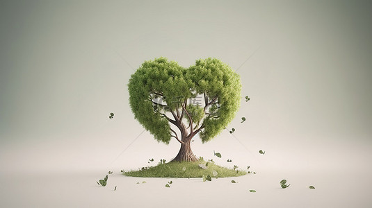 世界环境日 3D 渲染中心脏图标和树的概念
