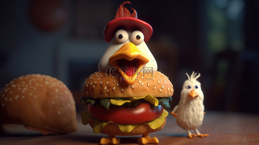 滑稽的 3d 鸡拿着汉堡