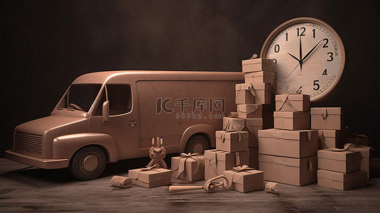 令人惊叹的 3D 渲染，棕色货车堆放着盒子和计时器