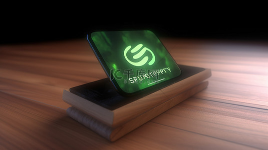 Spotify 应用程序徽标通过 3D 渲染智能手机显示在木制桌面上