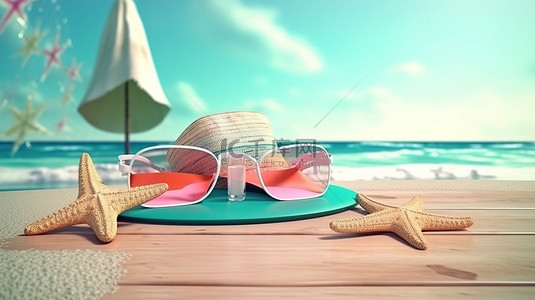 夏季旅游广告背景图片_旅游广告岛天堂，带海滩配件和 3D 渲染茶点