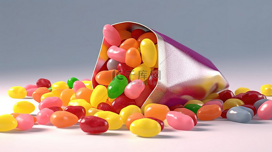 彩色果冻豆从零食包装袋中迸发出来的 3D 插图
