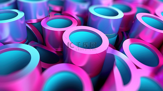 蓝色背景抽象 3D 设计中运动中的彩色圆柱体粉色紫色绿色和蓝色