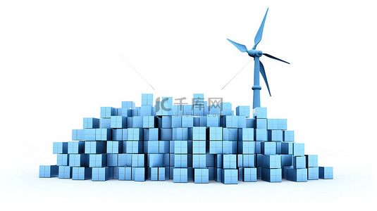 蓝色太阳能电池图案面板和风力涡轮机风车的 3D 渲染在人手中平衡在白色背景上