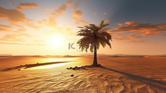 沙漠中绿洲背景图片_沙漠中的热带绿洲 3D 渲染日落点亮的椰子树