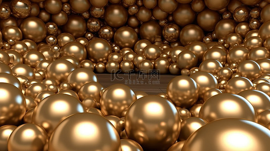 圣诞金色背景背景图片_金属金色背景上的 3D 渲染金色珍珠球框非常适合您的圣诞设计