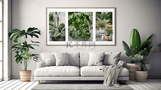 白色家居装饰海报背景图片_简单的客厅内部 3D 渲染白色沙发上方的海报和灰色沙发旁边的植物