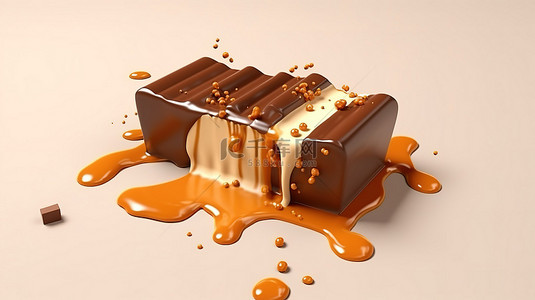巧克力馅背景图片_带有融化焦糖馅料的巧克力棒的 3D 插图