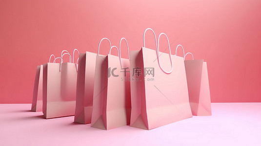在线购物概念 3d 购物袋，在充满活力的粉红色背景上带有空白的文字空间