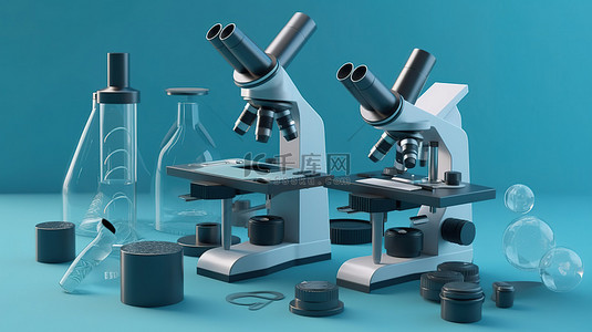 蓝色背景展示实验室设备和化学研究显微镜的 3D 插图