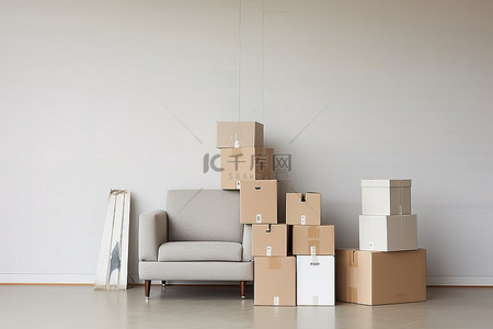 沙堆背景图片_白色的移动箱子堆放在带家具的房间里