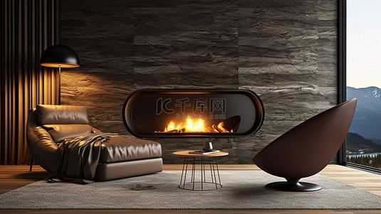 环境舒适的背景图片_现代休息室配有舒适的壁炉和舒适的 3D 设计扶手椅
