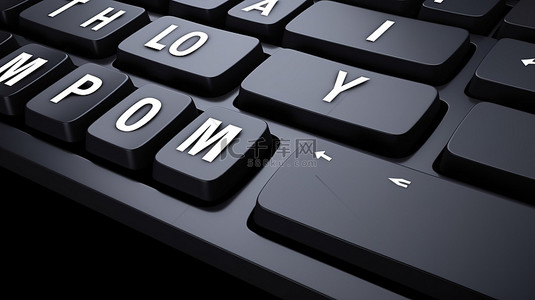 技术与时尚黑色键盘的商业 3D 渲染相结合，在高科技背景下设置了“立即应用”键