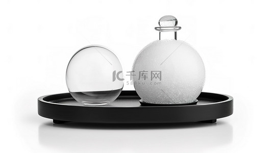 黑色雪背景图片_带有空雪球和黑色托盘的白色背景的 3D 渲染