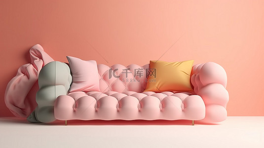 极简主义的 3D 场景，在柔和的背景上有一张孤立的沙发