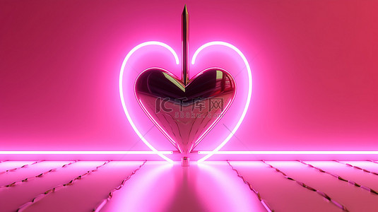 爱心箭头背景图片_情人节概念霓虹灯心，粉红色反光背景 3D 渲染上带有穿孔箭头