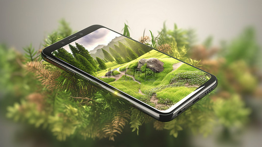 以自然为主题的 3d 智能手机模型令人惊叹的渲染插图