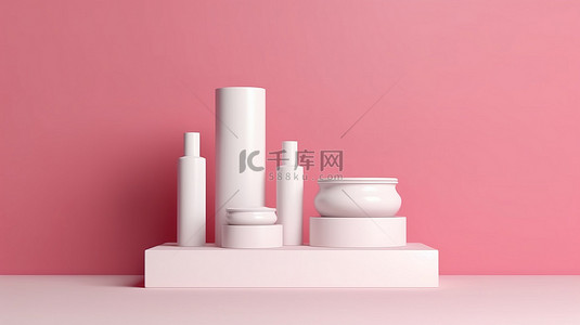 喷粉背景图片_粉红色背景上带有空白白色化妆品瓶和圆筒产品的粉红色基座的 3D 渲染