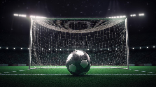成功概念足球在目标与 3d 渲染和体育场灯