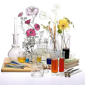繪畫工具背景图片_一张桌子，上面放着鲜花和各种科学工具