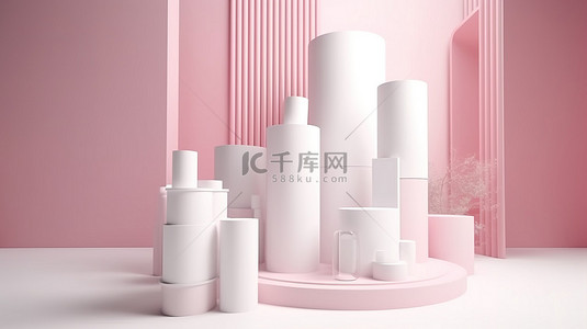 简约产品在 3d 渲染中显示白色和粉红色抽象圆柱平台