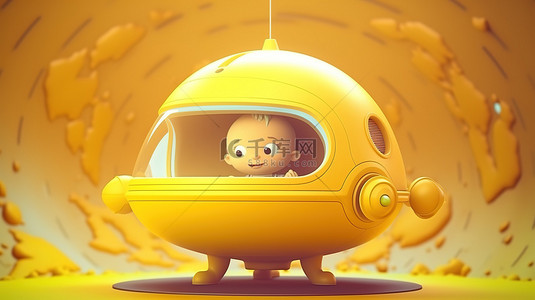 可爱的 ufo 宇航员孩子在黄色背景的 3D 渲染飞碟中