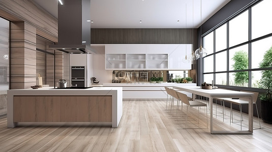 现代厨房内部 3D 呈现在优雅的木地板上