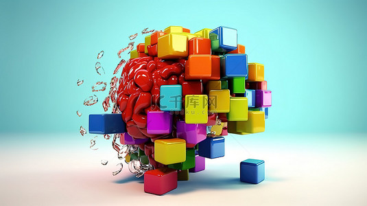 3D 渲染中的彩色立方体大脑角色