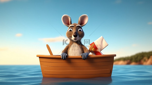 搞笑的 3D 袋鼠角色拿着标语牌在船上航行