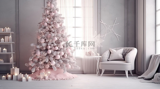 渲染气氛背景图片_斯堪的纳维亚风格的客厅洋溢着圣诞气氛，配有星顶树闪烁装饰烛光和 3D 渲染的舒适粉色扶手椅