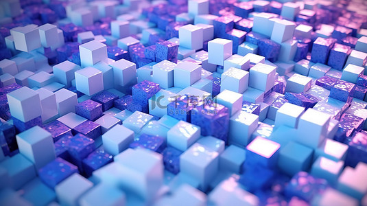抽象 3D 渲染显示一组白色蓝色和紫色立方体