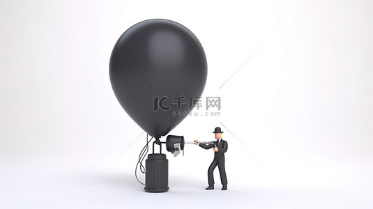 白色背景展示了使用黑手气泵给美元气球充气的人的 3D 渲染