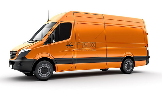 白色背景，配有中型橙色商用货车，车身空白，可展示您的定制设计徽标和文本 3D 插图