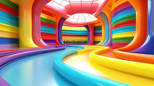 令人惊叹的 3D 渲染，带有彩色圆环的彩色彩虹室内游乐场
