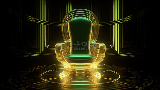 绿色闪亮背景图片_金色背景上绿色闪亮的 3D 座椅，适合国王的未来派和富丽堂皇的王座