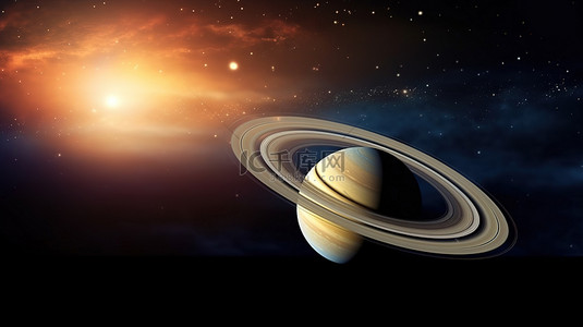 逼真的 3D 渲染中雄伟土星的令人惊叹的夜景