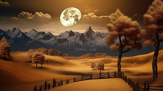 雄伟的 3D 墙海报，描绘着月亮和树木的神秘金山景观