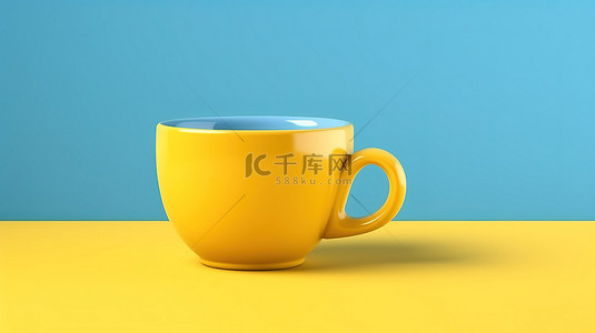 在 3D 逼真渲染中，在充满活力的黄色背景上展示高架蓝色杯子