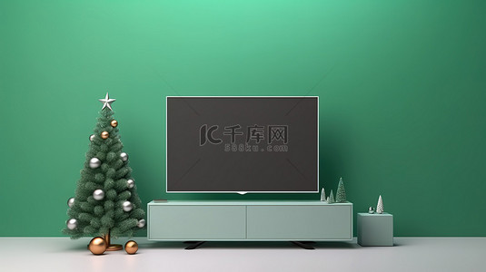 圣诞绿色背景背景图片_节日客厅配有电视显示空白绿屏 3D 渲染