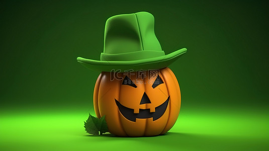 鬼节字体背景图片_3D 南瓜头的万圣节快乐，戴着绿色背景的帽子，上面有 10 月 31 日字体