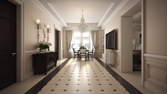3d 渲染中的古典风格客厅走廊和厨房