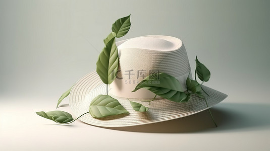 带有 3D 夏季帽子和树叶阴影的白色表面