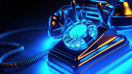 蓝色霓虹灯固定电话的近距离照明 3D 渲染