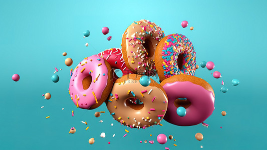 融合色背景图片_空中甜甜圈融合了充满活力的甜甜甜圈，撒在 3D 制作的柔和背景上