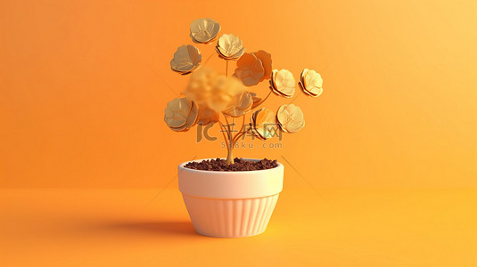 数字货币绽放 3d 渲染比特币花盆与幼苗植物在浅橙色背景下的插图