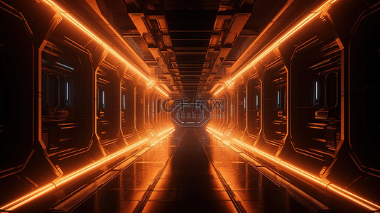 带有耀眼橙色灯光的赛博朋克太空飞船走廊 3d 渲染