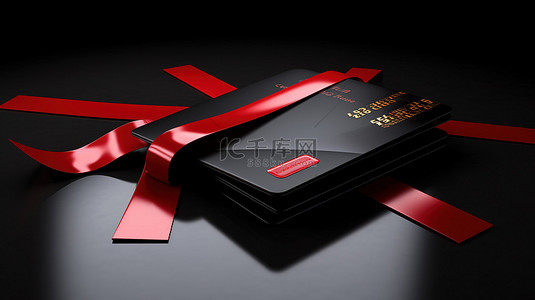 英文优质背景图片_优质白金 VIP 礼品黑色信用卡，带红丝带和豪华美学 3D 渲染