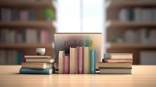 在线教育学习背景图片_书架上堆满象征在线教育和电子学习概念的书籍的 3D 渲染