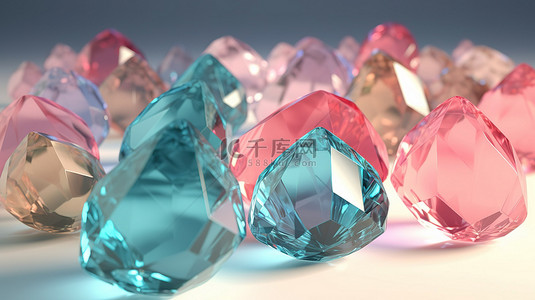 水晶首饰背景图片_令人惊叹的 3D 渲染中的柔和水晶宝石