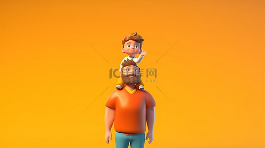 父亲走路时肩上扛着儿子的 3D 插图
